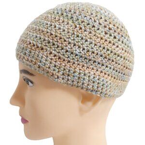 Brown Gray Stripe Skull Cap OS Pastel Hat Short Beanie Handmade Crochet Knit NWT
